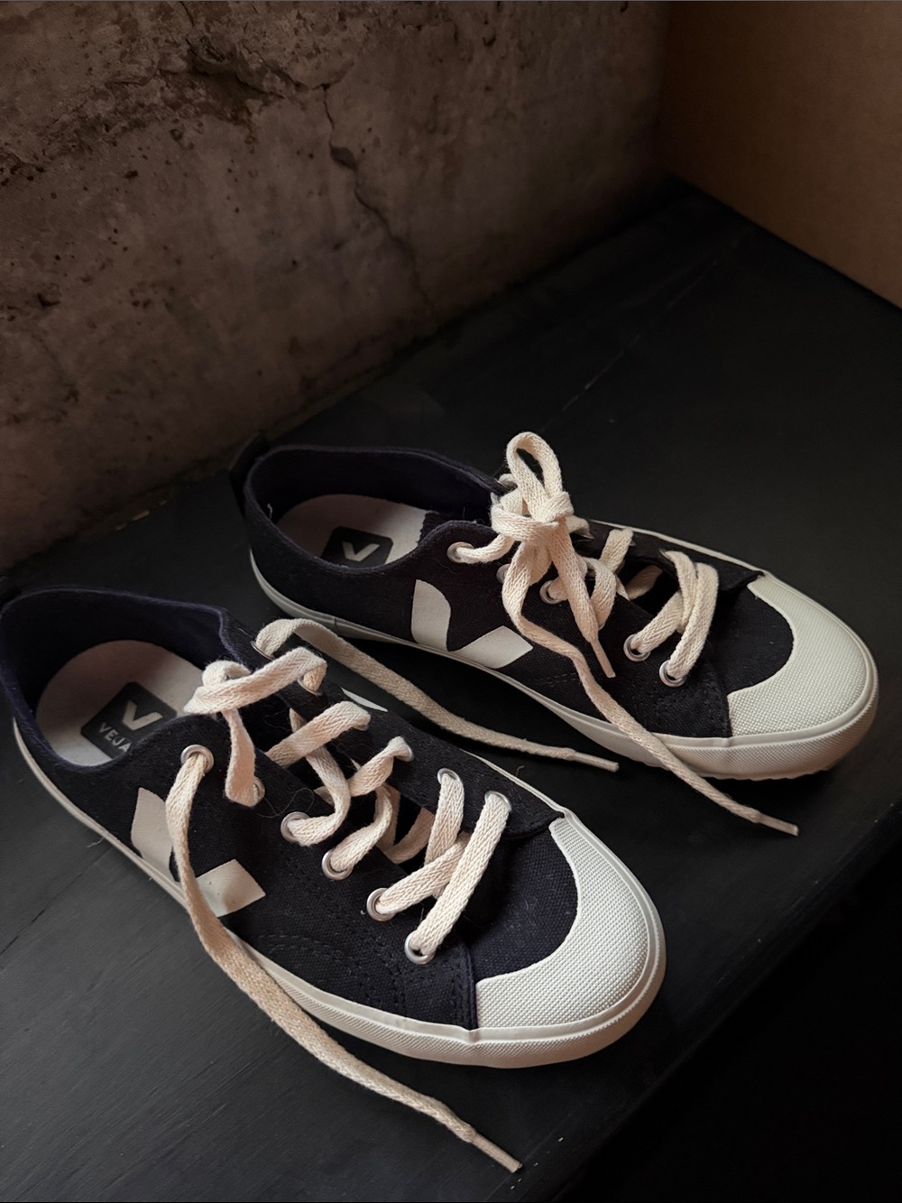 Veja Black Canvas Low-Top Sneakers with Cream Accents